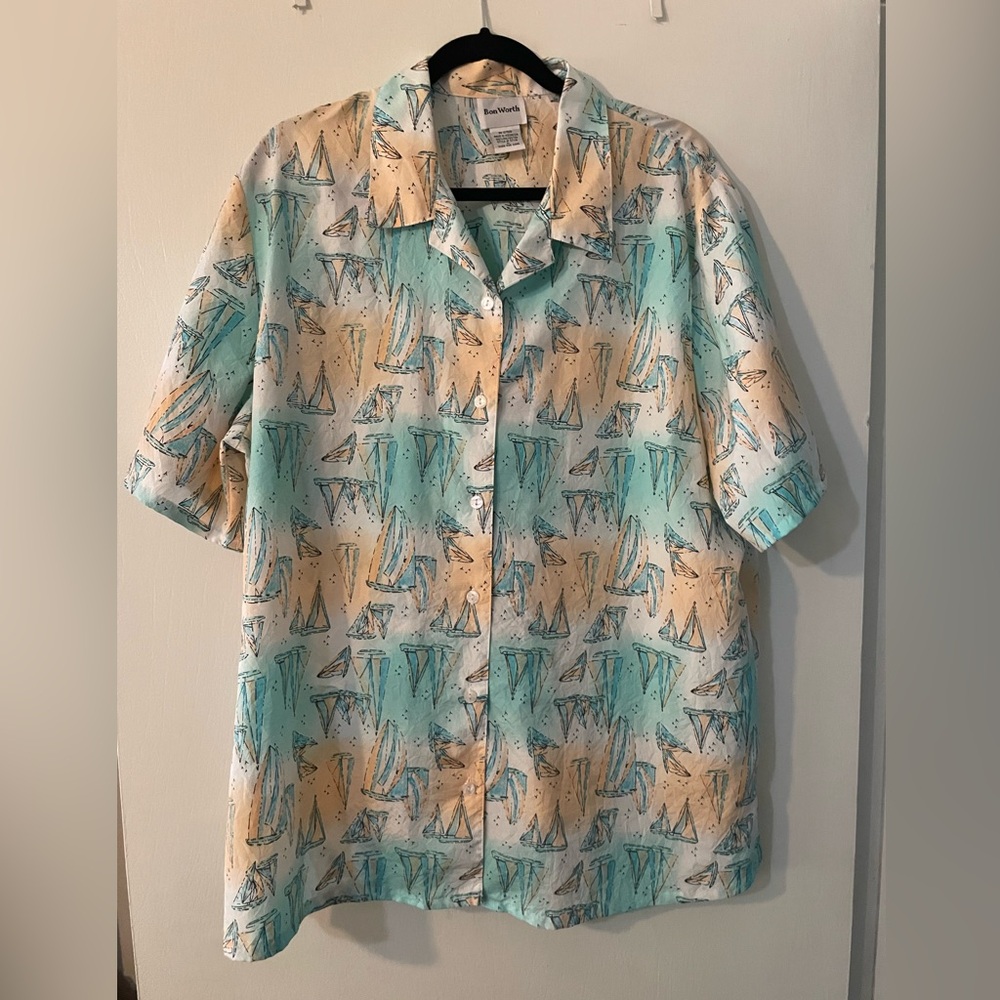 Vtg Sailboat Shirt 90s Nautical Blouse Pastel Colors Button Up Top Sailing SZ XL